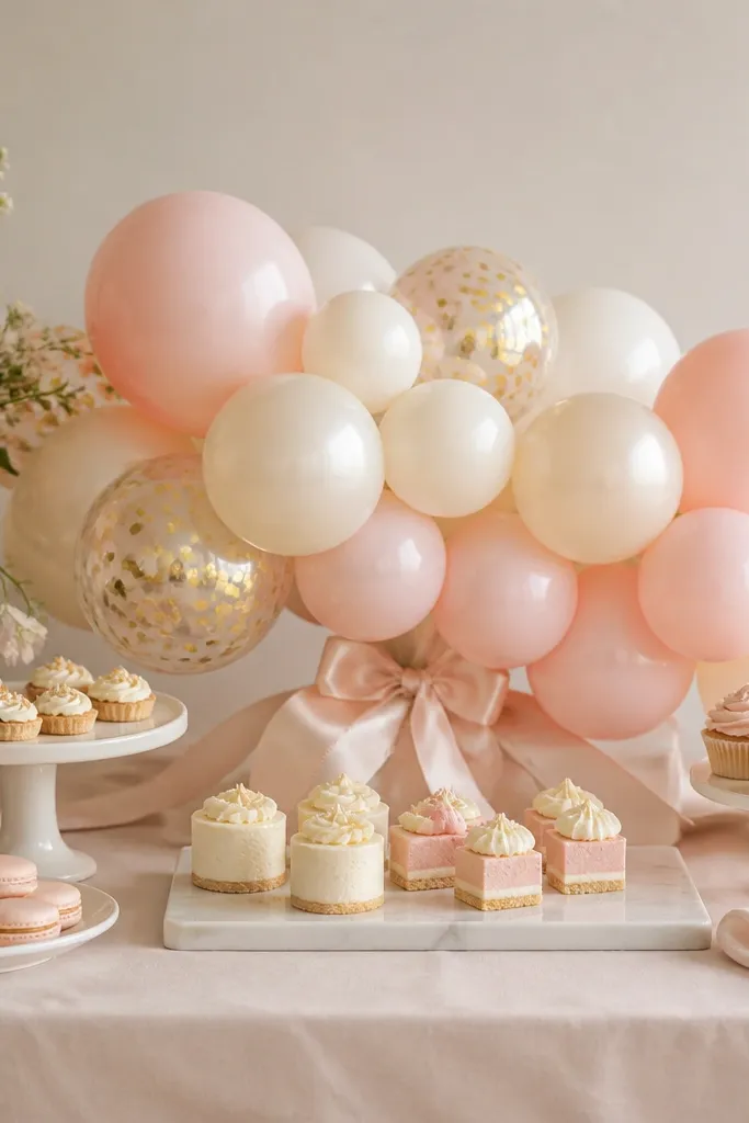 A compact balloon garland on a tabletop: small ivory and blush balloons grouped with a few gold confetti balloons, tied with satin ribbon, positioned behind a dessert table.