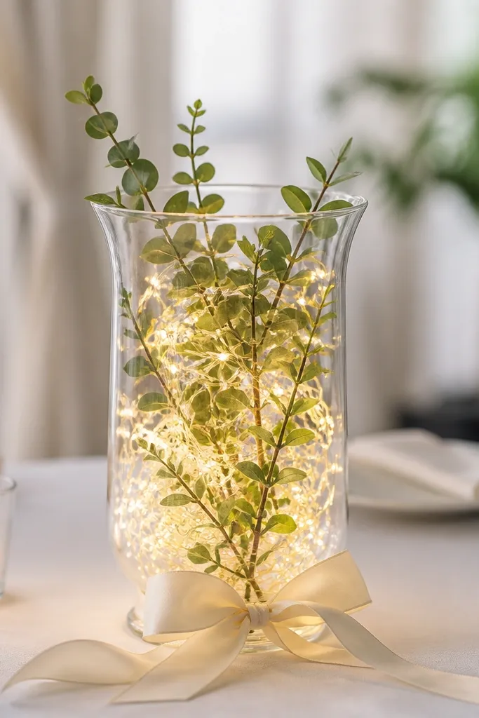 A clear glass vase filled with warm white battery fairy lights and a few sprigs of faux greenery, sitting on a white tablecloth with a ribbon bow at the base.