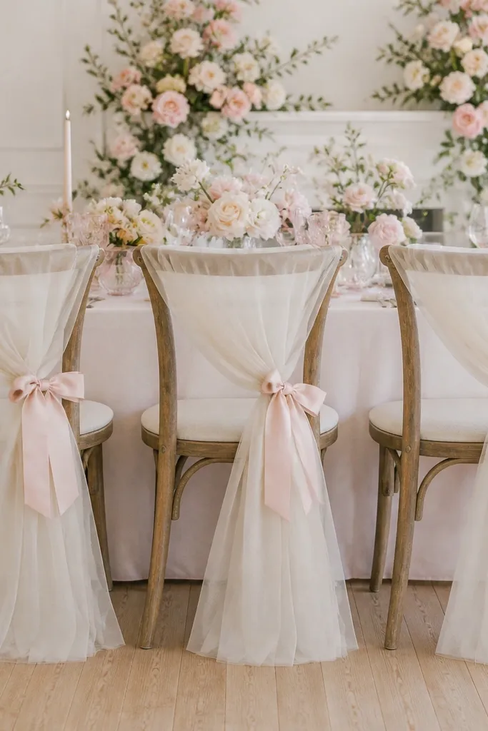 Dining chairs with ivory tulle sashes draped from the back, each tied with a pre-made blush satin bow at the side, photographed from the front at a bridal shower table.