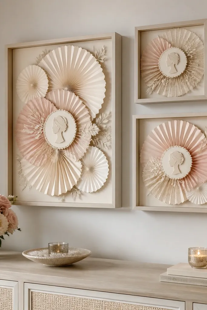 Two or three wall frames containing layered paper fans in ivory and blush, with a small “Bride To Be” cutout at the center, arranged like a gallery wall.