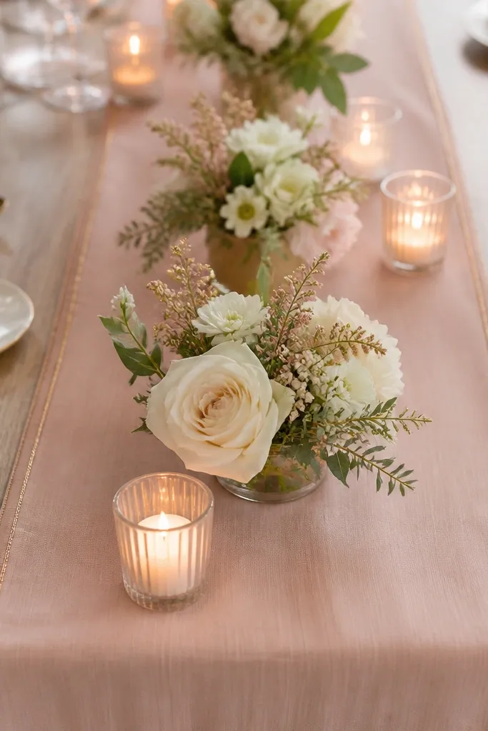 A blush fabric runner laid down a table, finished with a thin gold ribbon stitched along the edge, with small candles and mini floral clusters on top.