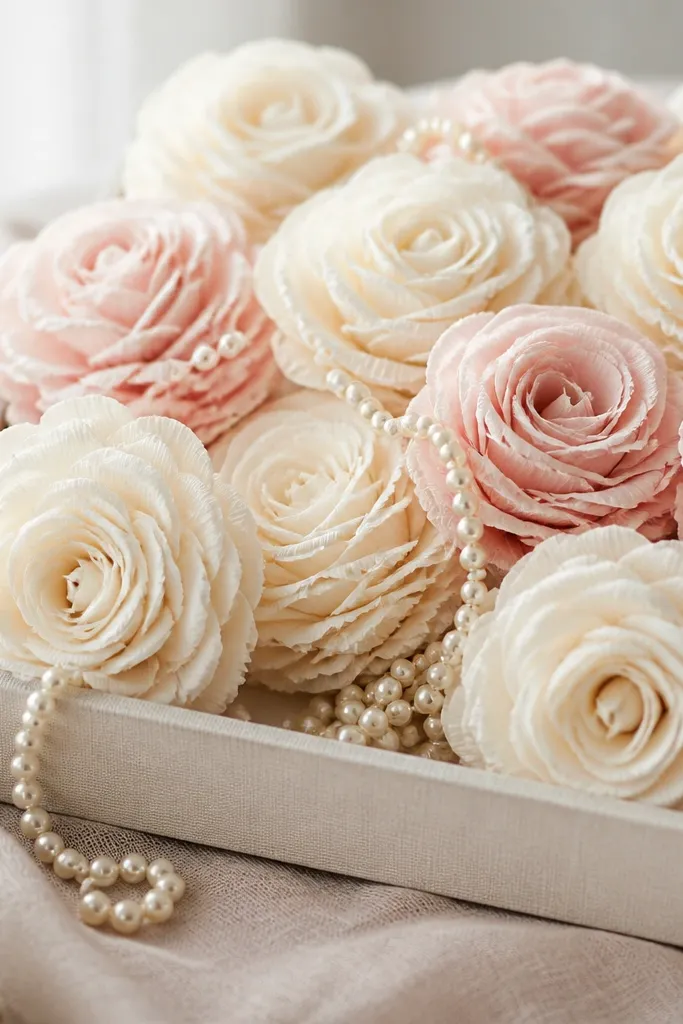 A shallow tray filled with handmade crepe paper rosettes in ivory and blush, with a small sign on the side and a few faux pearl strings draped across the tray.