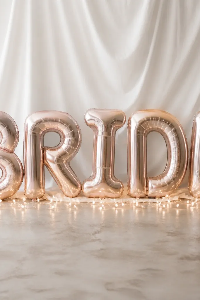 Foil balloon letters spelling “BRIDE” standing on the floor, with a simple white backdrop draped behind them and warm fairy lights around the base.