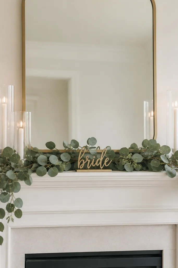 A mantel decorated with faux eucalyptus garland, several clear candle jars with white taper candles, and a small “bride” sign centered.