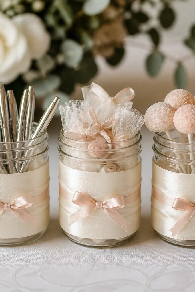 Three mason jars wrapped with ivory ribbon, each tied with a small blush bow, holding pens, mini favors, and a few lollipop sticks, placed on a tablecloth.