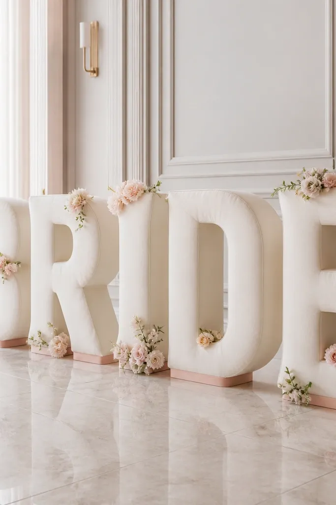 Large freestanding “BRIDE” letters covered in soft ivory fabric, with a blush ribbon around the base and small faux flowers tucked along the edges.