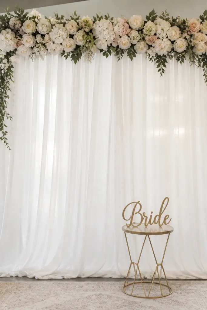A photo booth area with a sheer white curtain backdrop, clip-on faux florals arranged across the top, and a small gold “Bride” sign in front.