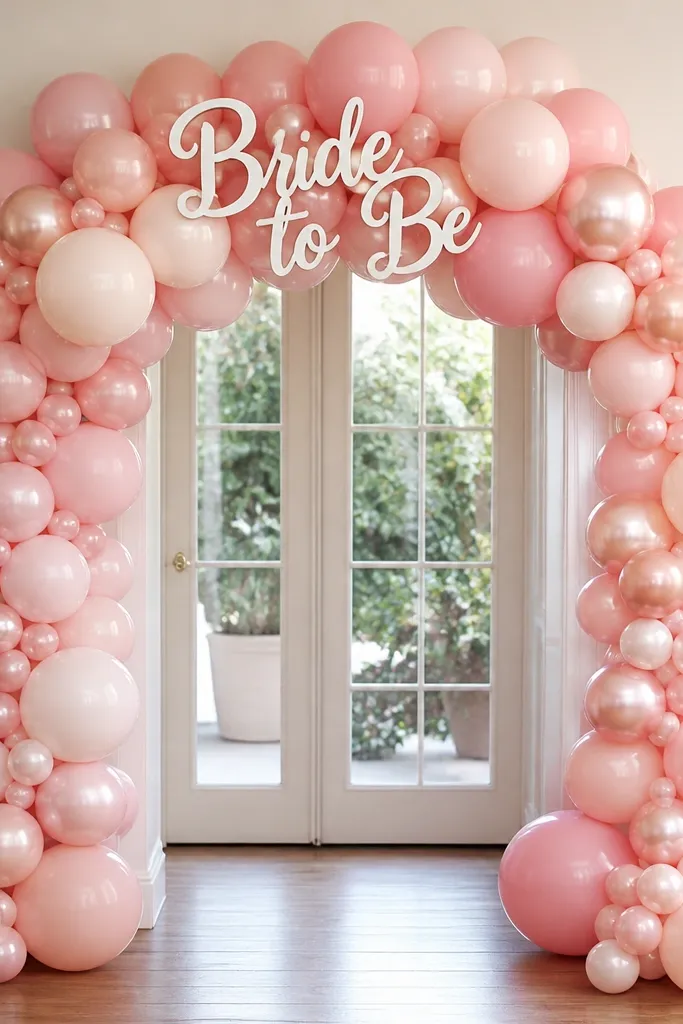 A soft blush balloon arch with a mix of matte and glossy balloons, topped by a white “Bride to Be” sign. The arch frames a doorway, and the floor is styled with a small cluster of balloons at the base.