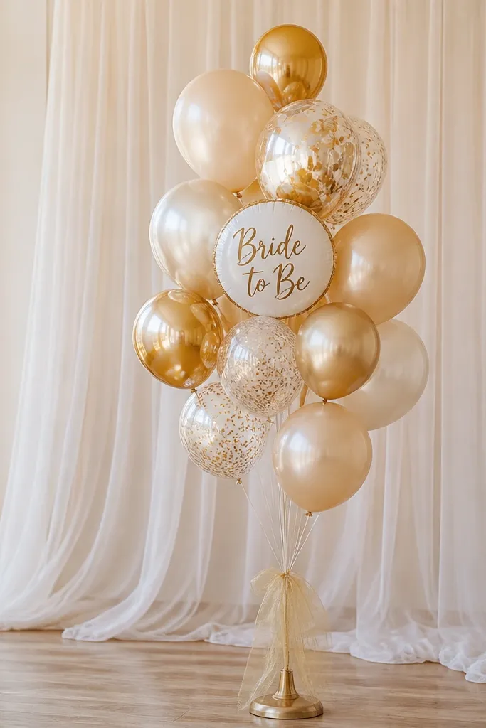 A tight cluster of champagne and gold balloons tied to a small weighted stand, with a sheer ribbon backdrop behind them. The “Bride to Be” wording appears on a single balloon or small sign placed at eye level.