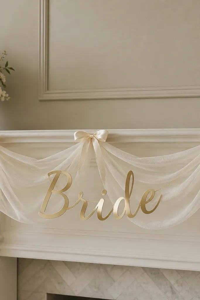 Ivory tulle drapes along a mantel line with a gold “Bride” banner centered. The garland looks airy, with small bows tied at intervals, and the background is a neutral wall.