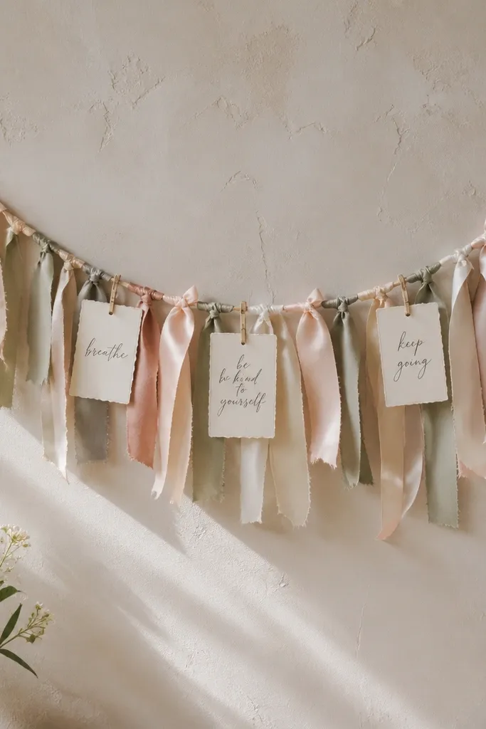A pastel ribbon bunting banner stretched across a wall with small paper tags attached. The tags include handwritten-style phrases, and the ribbons flutter slightly, creating texture in the image.