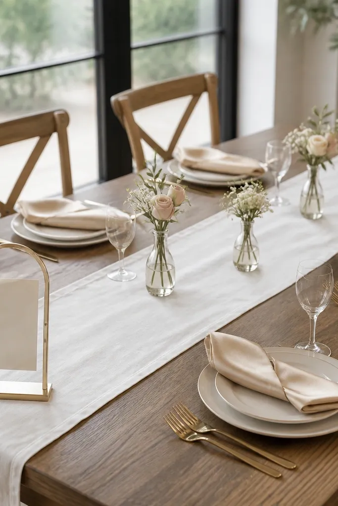 A dining table set with a white linen-look runner, champagne-colored napkins folded neatly, and three small bud vases spaced evenly. A “Bride to Be” sign sits at one end of the runner.