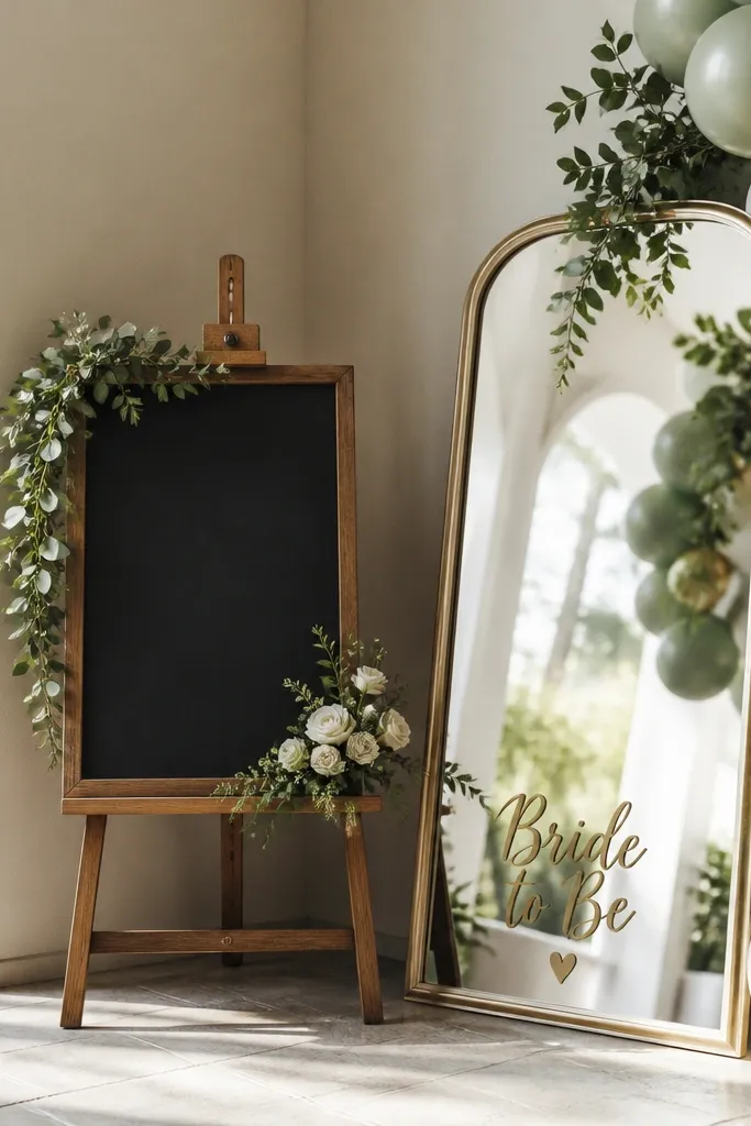 A corner setup with a small chalkboard sign on an easel and a mirror frame leaning beside it. The mirror reflects the balloons and greenery, and there’s a “Bride to Be” graphic visible on the frame.