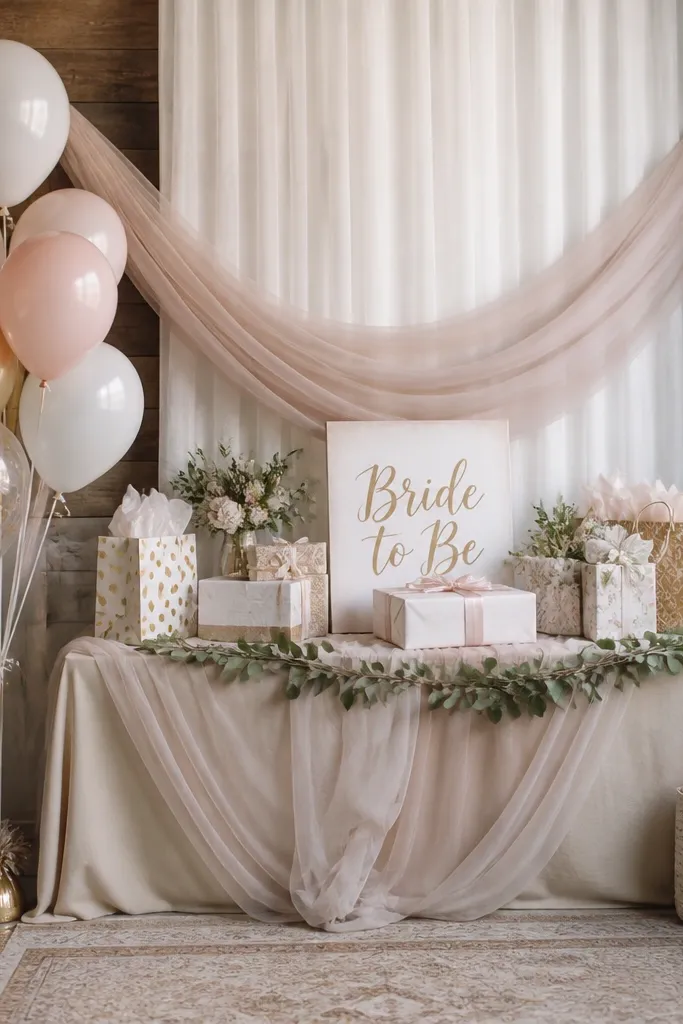 A small balloon cluster attached to a weighted base on one side, with a tulle garland draped behind it. The gift table has a “Bride to Be” sign, and the backdrop looks layered and full.