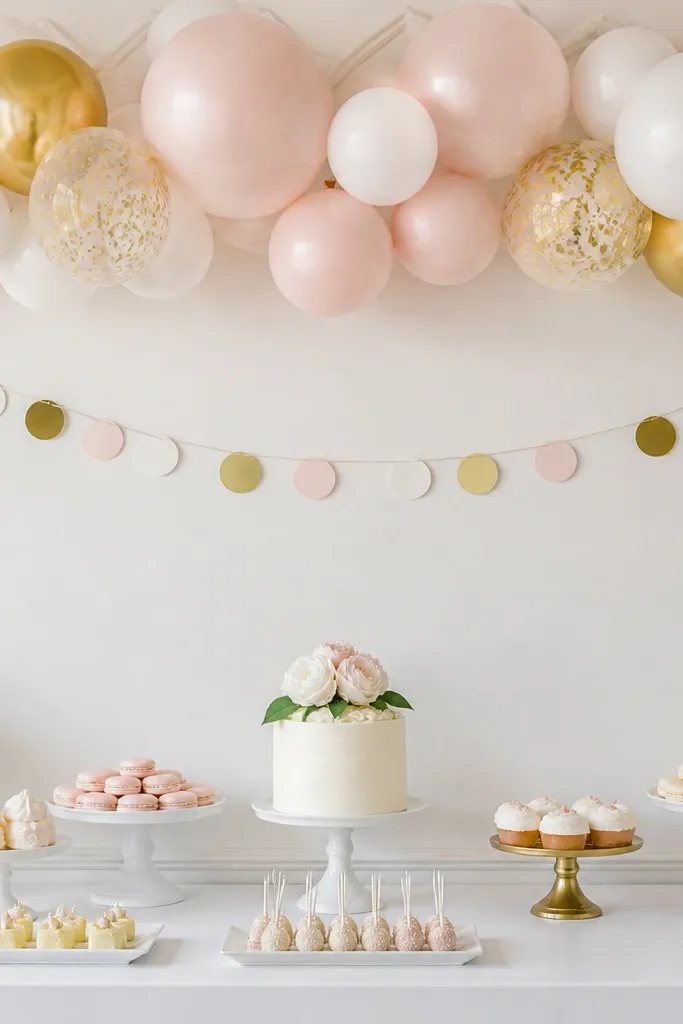A thin line of balloons across the top edge of a dessert bar, paired with a simple garland below. The color palette is white, blush, and gold, with a clean, uncluttered look.