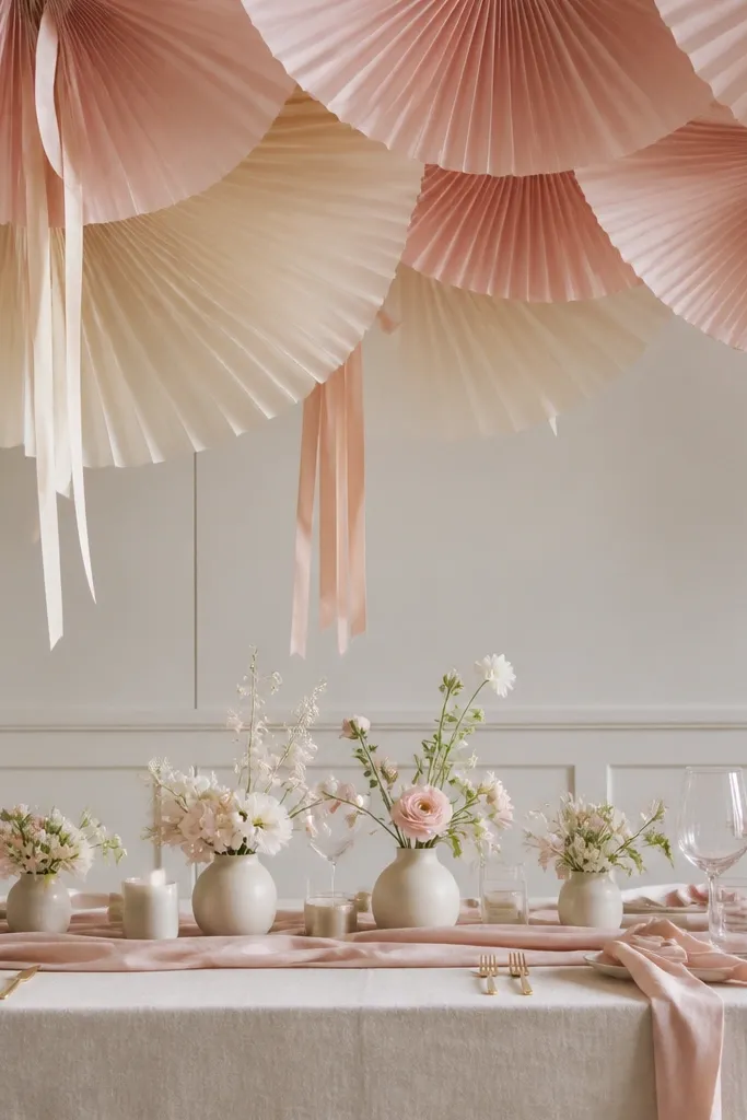 Large hanging paper fans in blush and cream, tied back with ribbons, above a table with small vases. The fans create a soft ceiling effect while the table remains neatly styled with a runner and flowers.
