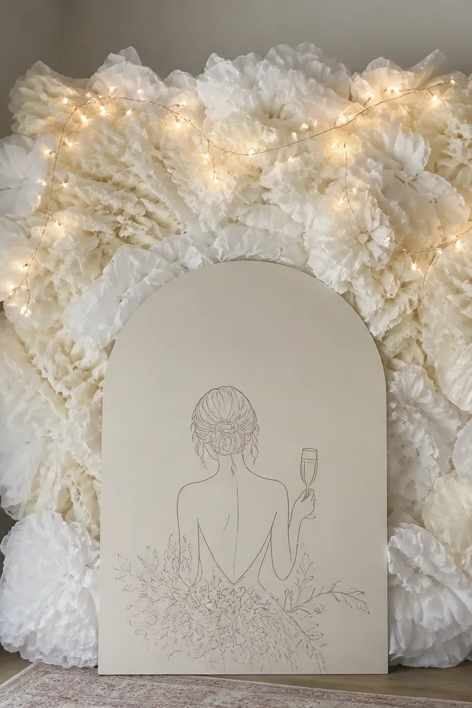 A white-and-ivory crepe paper cloud backdrop behind a bride-to-be sign, with warm LED fairy lights twined around the top. The background looks fluffy and layered, photographed in a home corner.