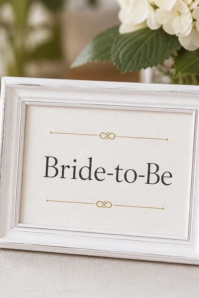 A small thrifted wooden picture frame on a table with a printed “Bride-to-Be” sign inside. The frame has been painted white, and the sign sits on textured cardstock with a simple gold accent line.