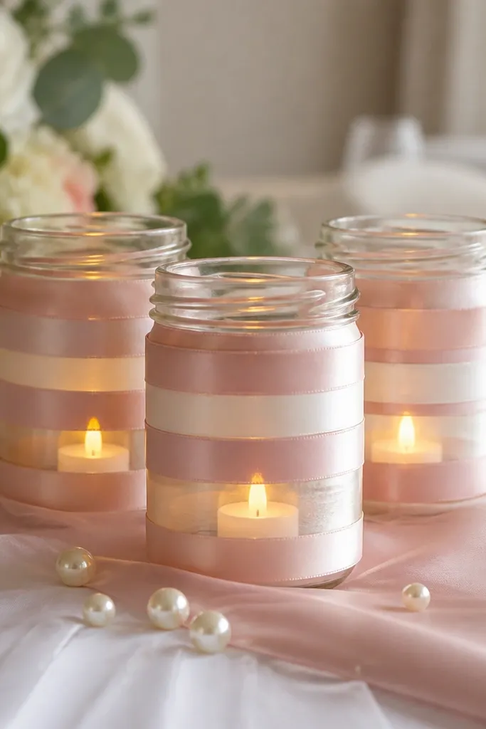 Three mason jars wrapped with satin ribbon in blush and cream, each holding a small LED candle. The jars sit on a bridal table runner with scattered faux pearls.