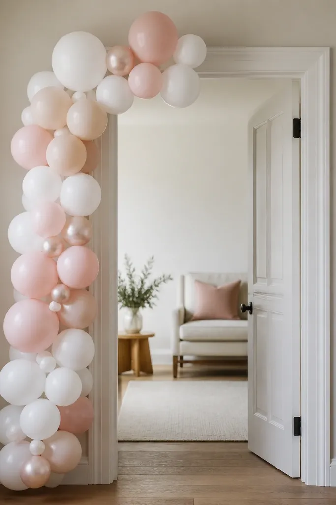 A small balloon cluster garland along a doorway: matte white and blush balloons with a few pearl-toned ones. The balloons are tied in a gradient pattern with thin neutral string.