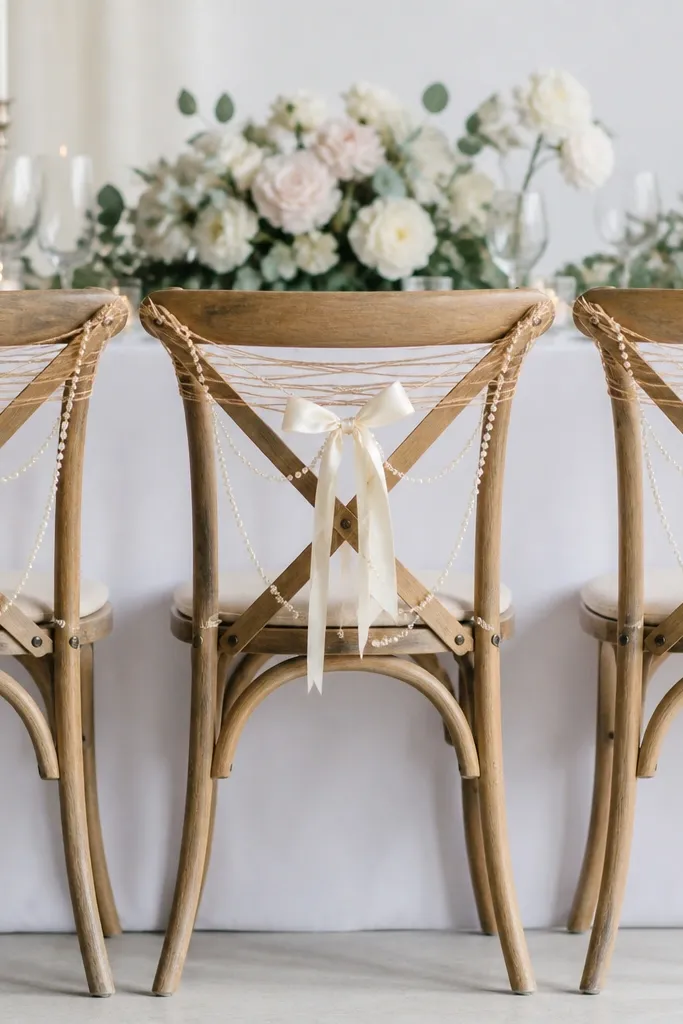 Dining chairs with simple chair sashes: twine wrapped horizontally and a faux pearl garland draped over a cream ribbon bow. The chairs look dressed up for a bridal event.