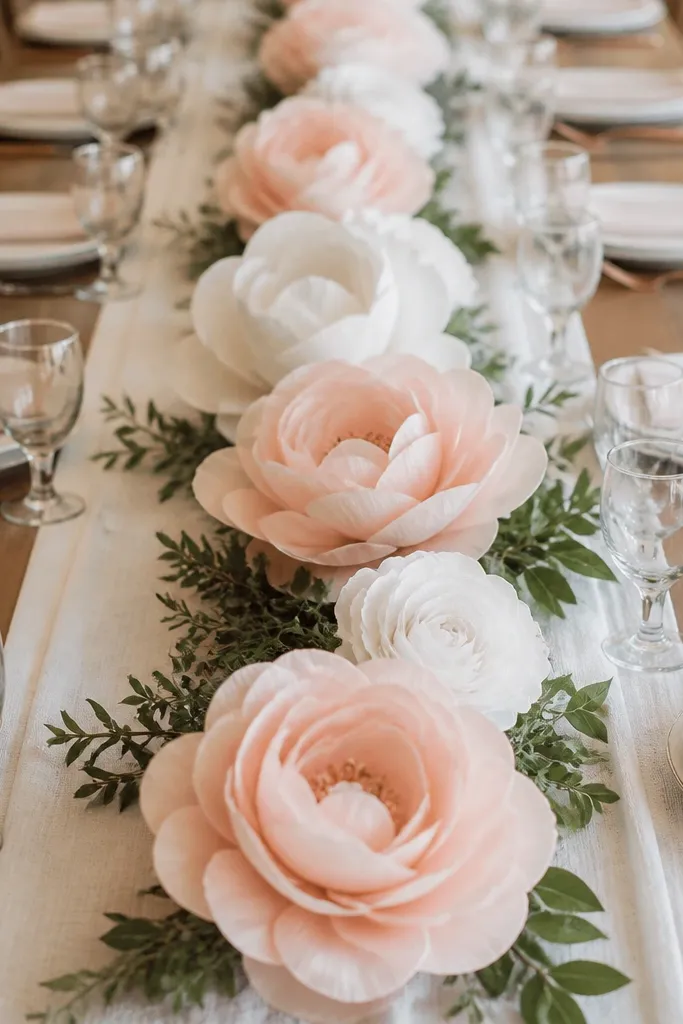 A long table with a centerpiece line of handmade paper flowers in white and blush, placed along a runner. The flowers alternate sizes, with small greenery sprigs tucked between.