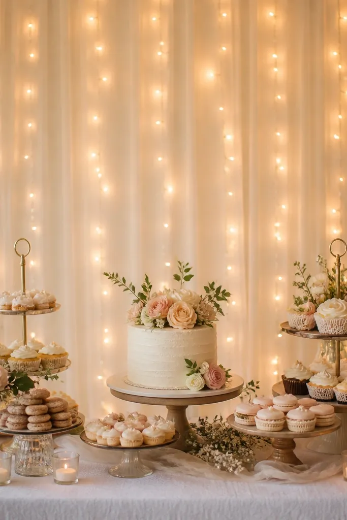 Warm LED fairy lights hanging like a curtain behind a dessert table. The lights are layered in soft vertical strands, with a small “Bride-to-Be” sign centered.