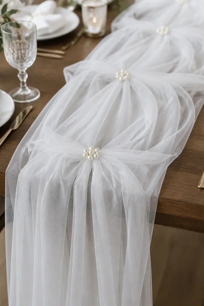 A simple white table runner made from a wide piece of tulle or chiffon layered down the center. The fabric drapes naturally, with small pearl clusters at intervals.