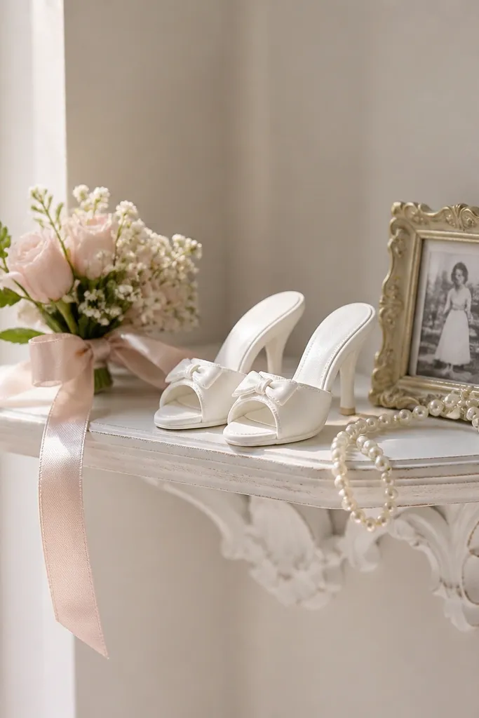 A small shelf with two mini heels or decorative shoes, painted white, placed beside a small bouquet ribbon. The shelf is styled with pearls and a tiny framed photo.
