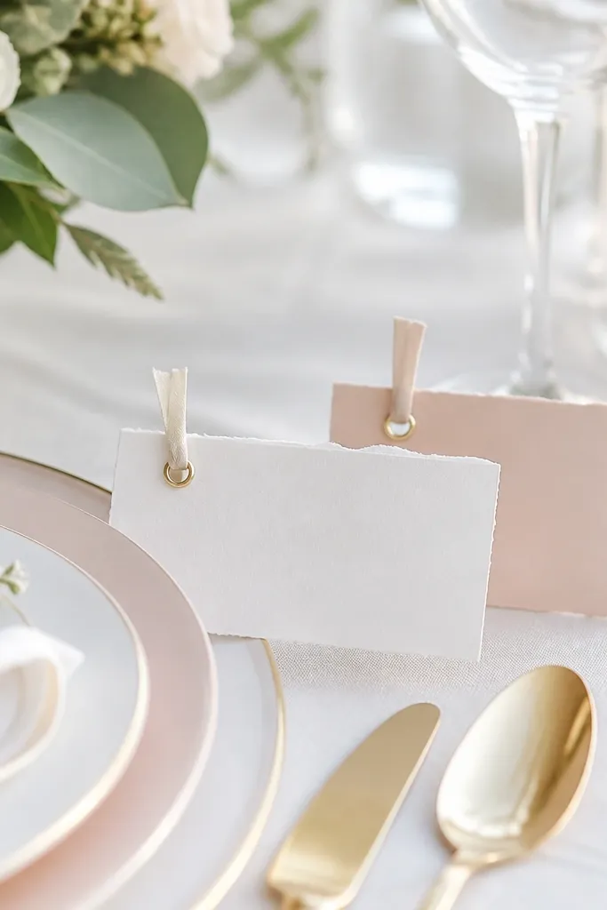 Printed place cards in white and blush with elegant script, clipped onto small cardstock tags. Each card has a tiny ribbon loop and sits near a plate.
