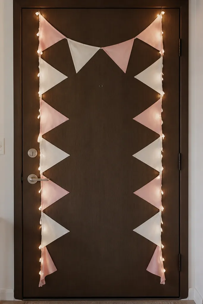 A small apartment door covered with a vertical “Welcome Bride” banner made from light pink and white fabric triangles, with warm white clip-on fairy lights outlining the banner edges.