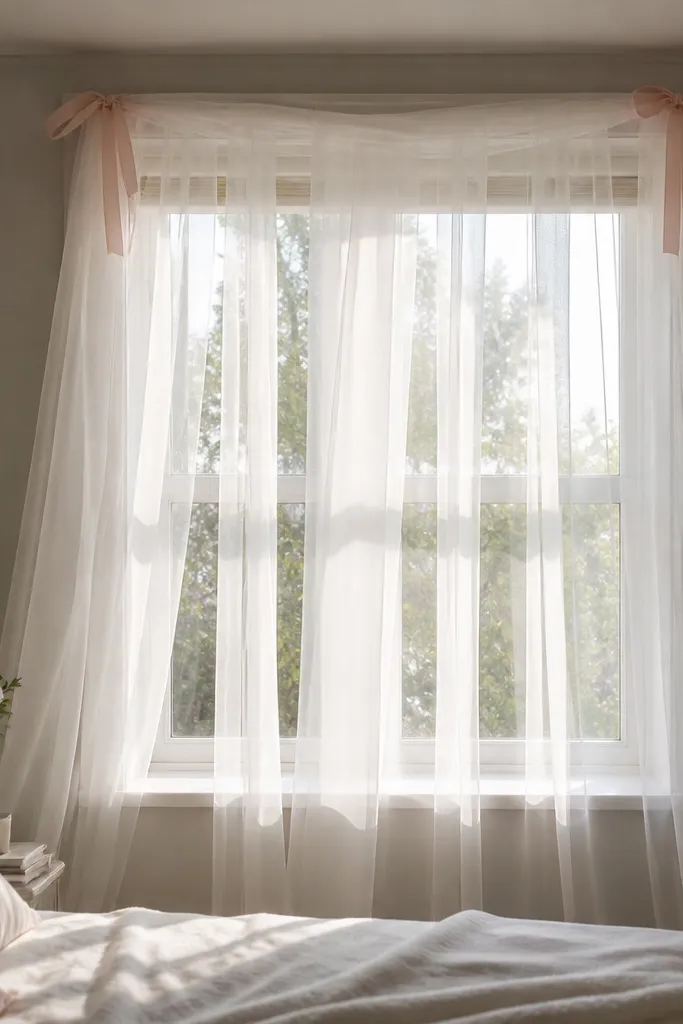 A bedroom window with sheer white tulle draped in vertical strips, tied with blush ribbon at the top corners, creating a soft veil effect in natural daylight.