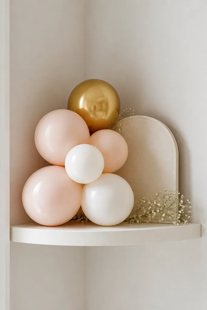A corner shelf with a compact balloon cluster: a few blush and white balloons with one gold balloon, plus a small “Bridal Babe” sign tucked behind them.