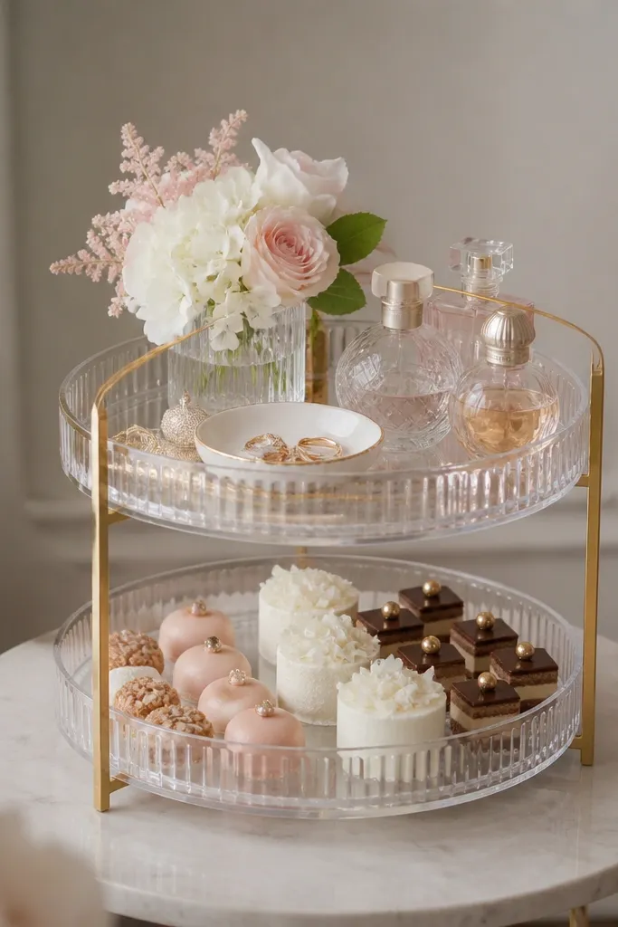 A small round table with a two-tier acrylic and gold tray: the top has a faux ring dish, small perfume bottles, and a mini bouquet, while the bottom holds bite-size sweets.