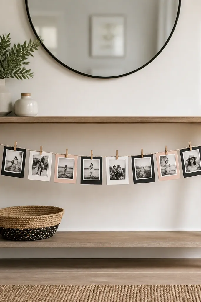 A narrow console table with a mini clothesline strung across it, holding 10 printed photo clips in black-and-white and blush frames.