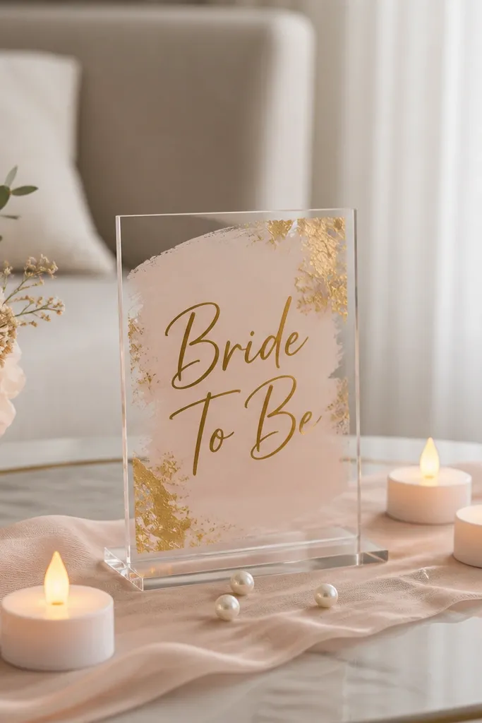 A small acrylic sign reading “Bride To Be” standing on a coffee table next to three LED tea lights, with a blush runner and scattered faux pearls.