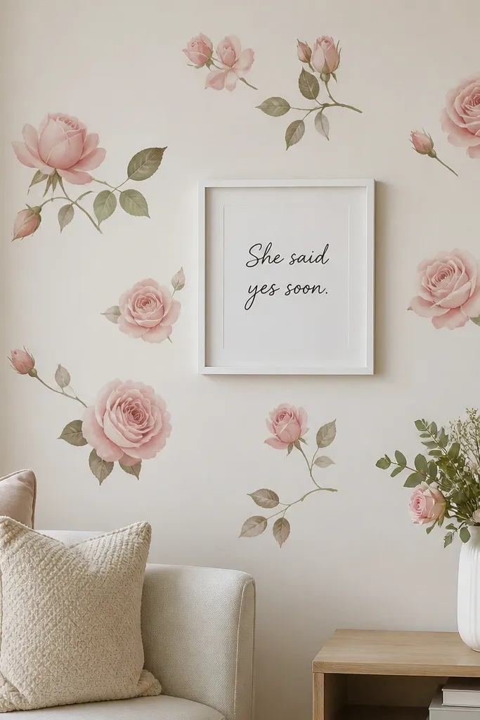 A living room wall with removable blush rose decals around a small white frame containing a handwritten-style quote: “She said yes soon.”