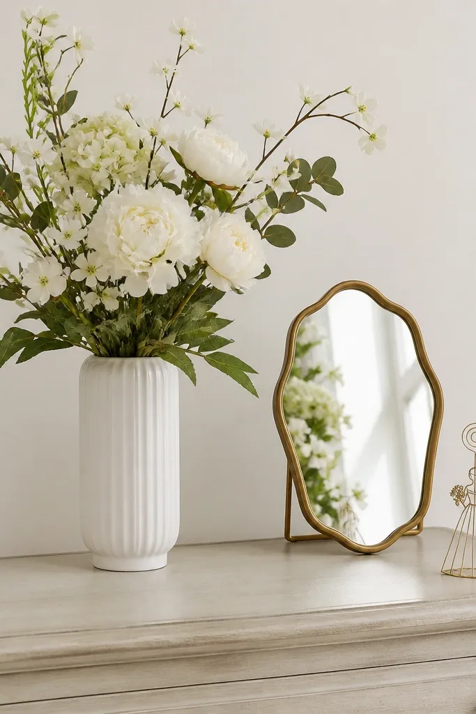 A dresser top styled with one tall faux bouquet in a white vase, plus a small gold mirror and a mini bridal card holder.