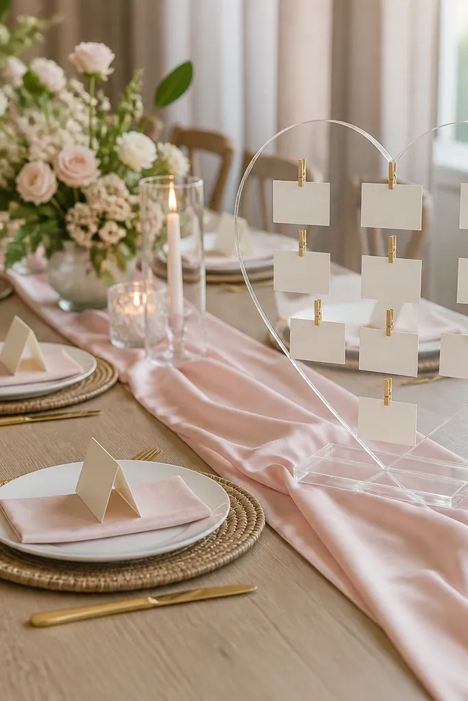 A dining table with a blush satin runner, small place cards on each seat, and mini name tags clipped to a clear acrylic holder shaped like a heart.