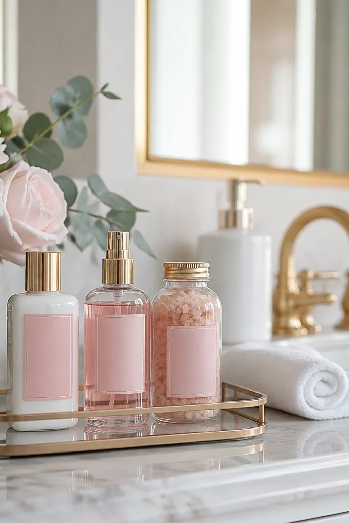 A bathroom counter styled with mini bottles (hand lotion, body mist, bath salts) in soft pink labels and a small tray, with a “Bride Spa” sign.