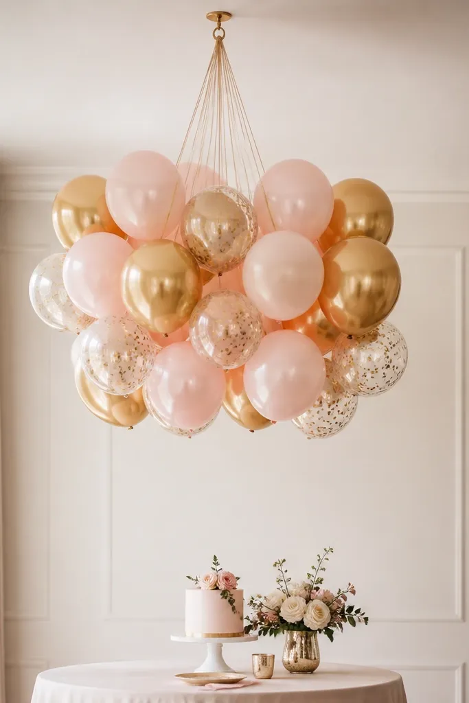 A single cluster of blush and gold balloons hanging from the ceiling above a small party table, with the strings gathered and tied neatly to a ceiling hook.