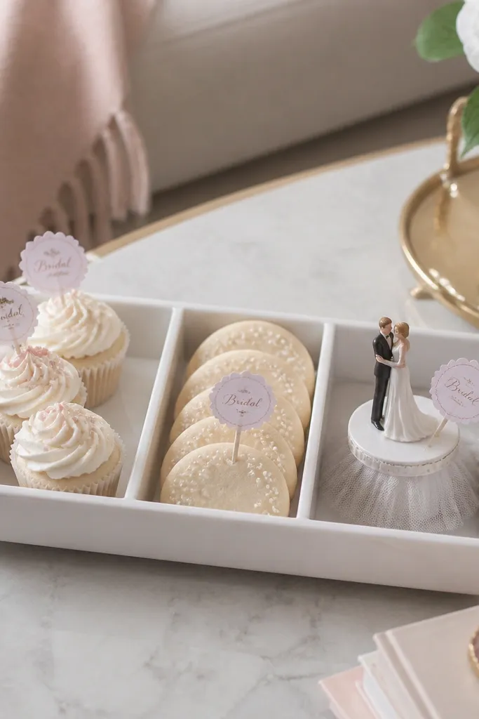 A small organizer tray set on a coffee table with separate compartments holding cupcakes, cookies, and a mini cake topper, labeled with tiny “Bridal” stickers.
