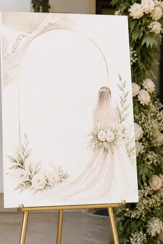 A freestanding bride-themed welcome sign on a stand, photographed at chest height with the top fully visible, plus a soft garland behind it.