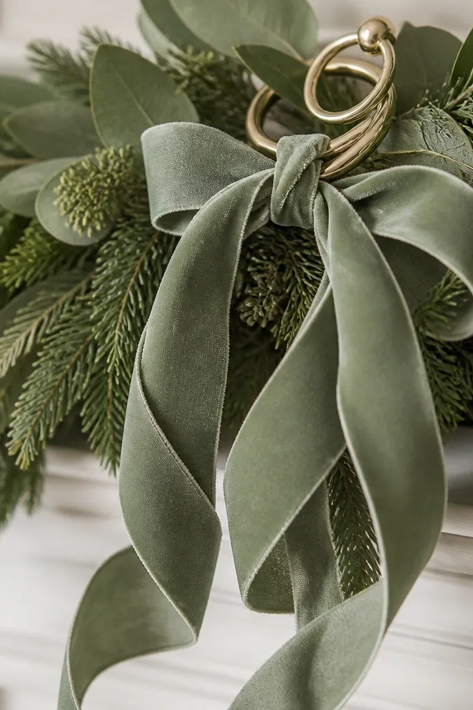 Close-up of ribbon curls tied to a garland with either gold or silver hardware accents, clearly coordinated in one metal tone.