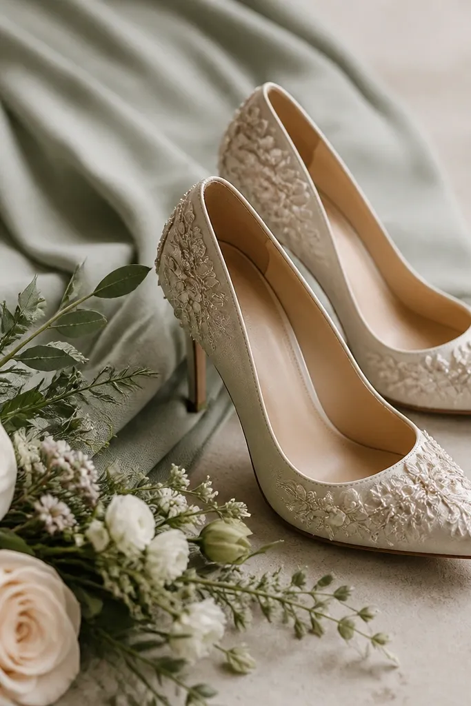 A pair of decorative bridal heels placed beside a table runner, with a small floral arrangement in front so the shoes don’t look tiny.