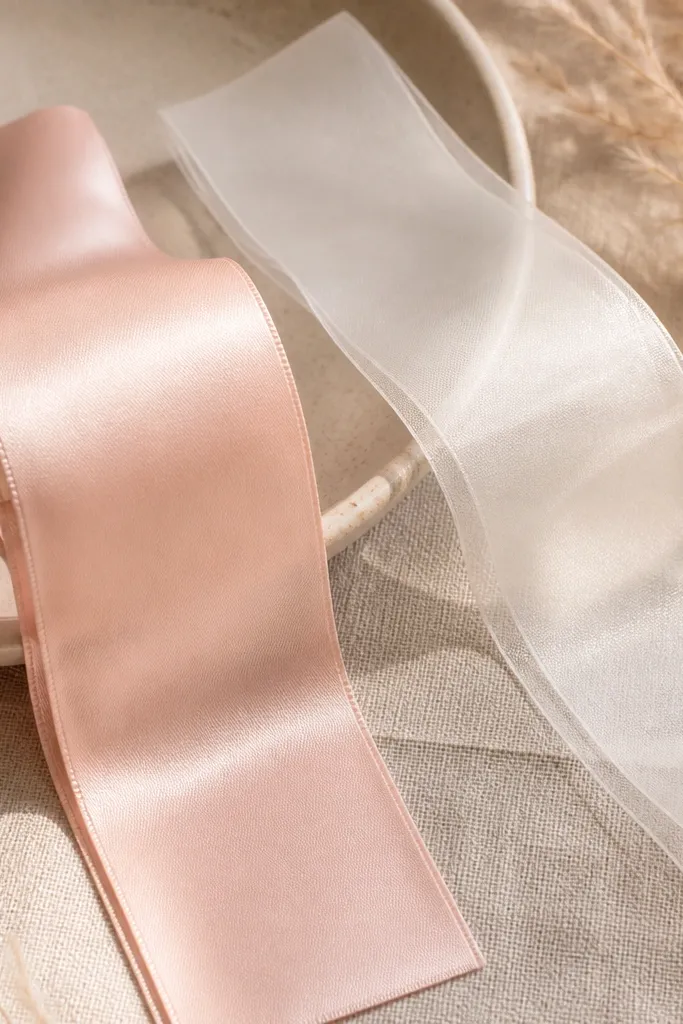 Two ribbon samples shown under warm indoor lights: blush satin and cool white organza, with the blush looking richer and the cool white slightly washed out.