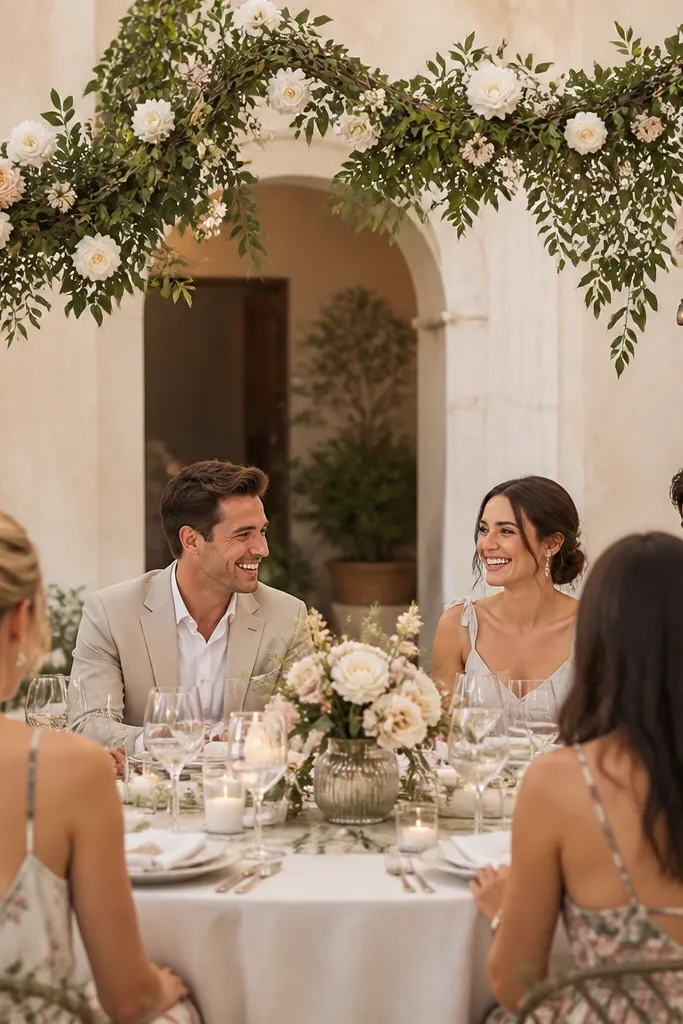 A garland draped above a table with clear sightlines, guests’ faces visible, and a small shoe charm cluster at the end.