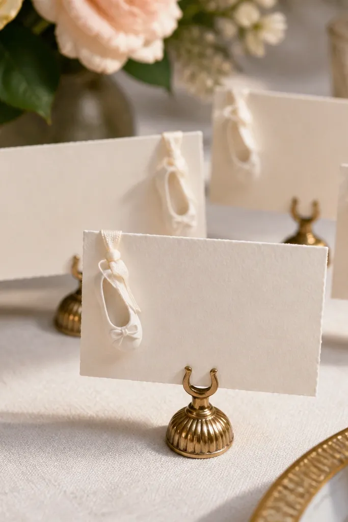 Elegant place cards in small holders on a table, with a tiny shoe-shaped tag attached to each card.