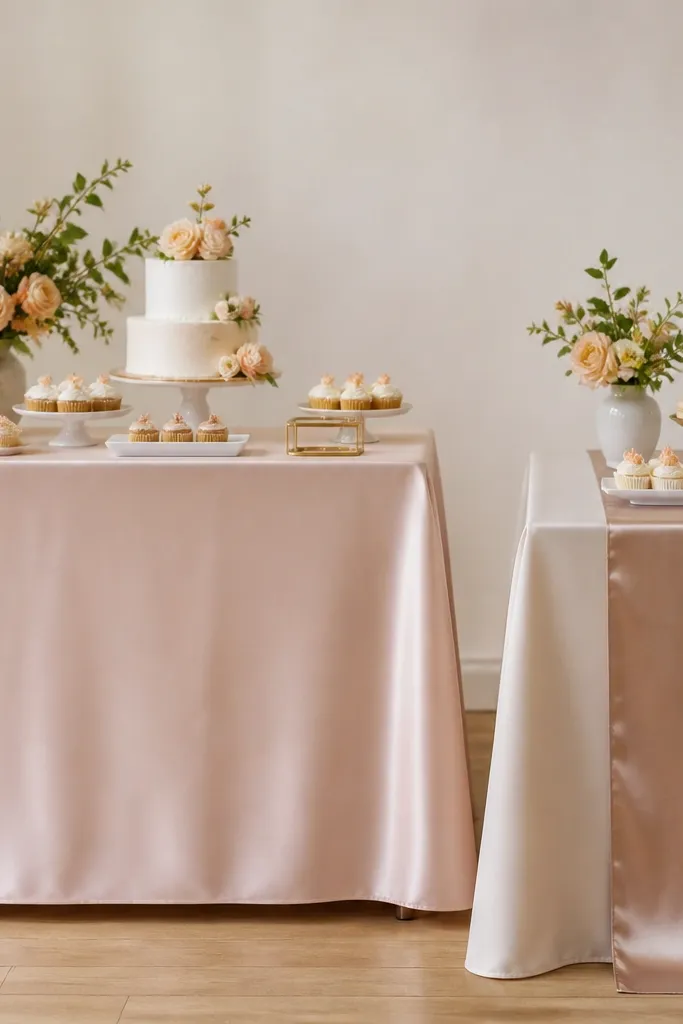 A dessert table with a wide satin runner that fully covers the front and sides, and a narrow runner example beside it.