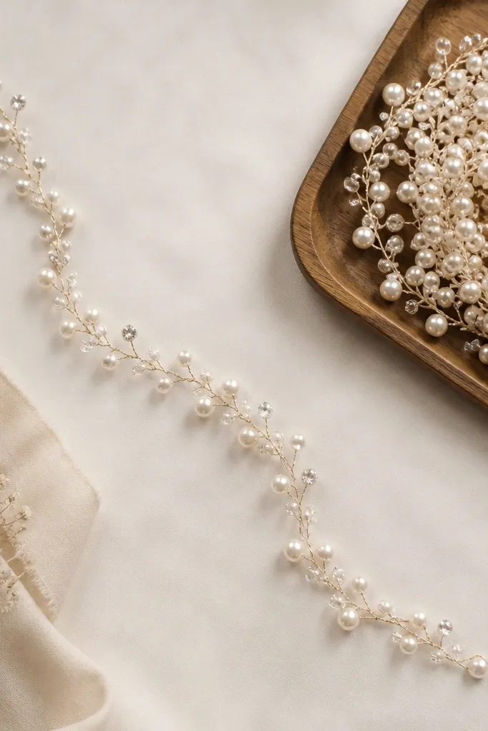 A garland with pearls and a few rhinestone accents, with an example nearby showing too many pearls covering everything.